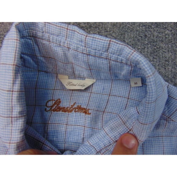 Stenstroms Shirt Mens Med Blue Brown Linen Check Fitted Body Dress Button-Up - Picture 8 of 9